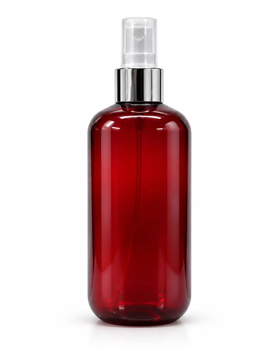 Red transparent spray bottle with silver collar and clear cap