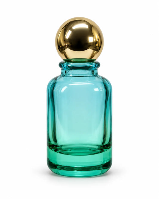 50ml blue-to-pink ombre glass perfume bottle with a reflective gold spherical cap