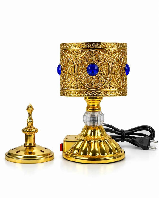 Luxury Golden Electric Bakhoor Burner with Blue Crystal Stones