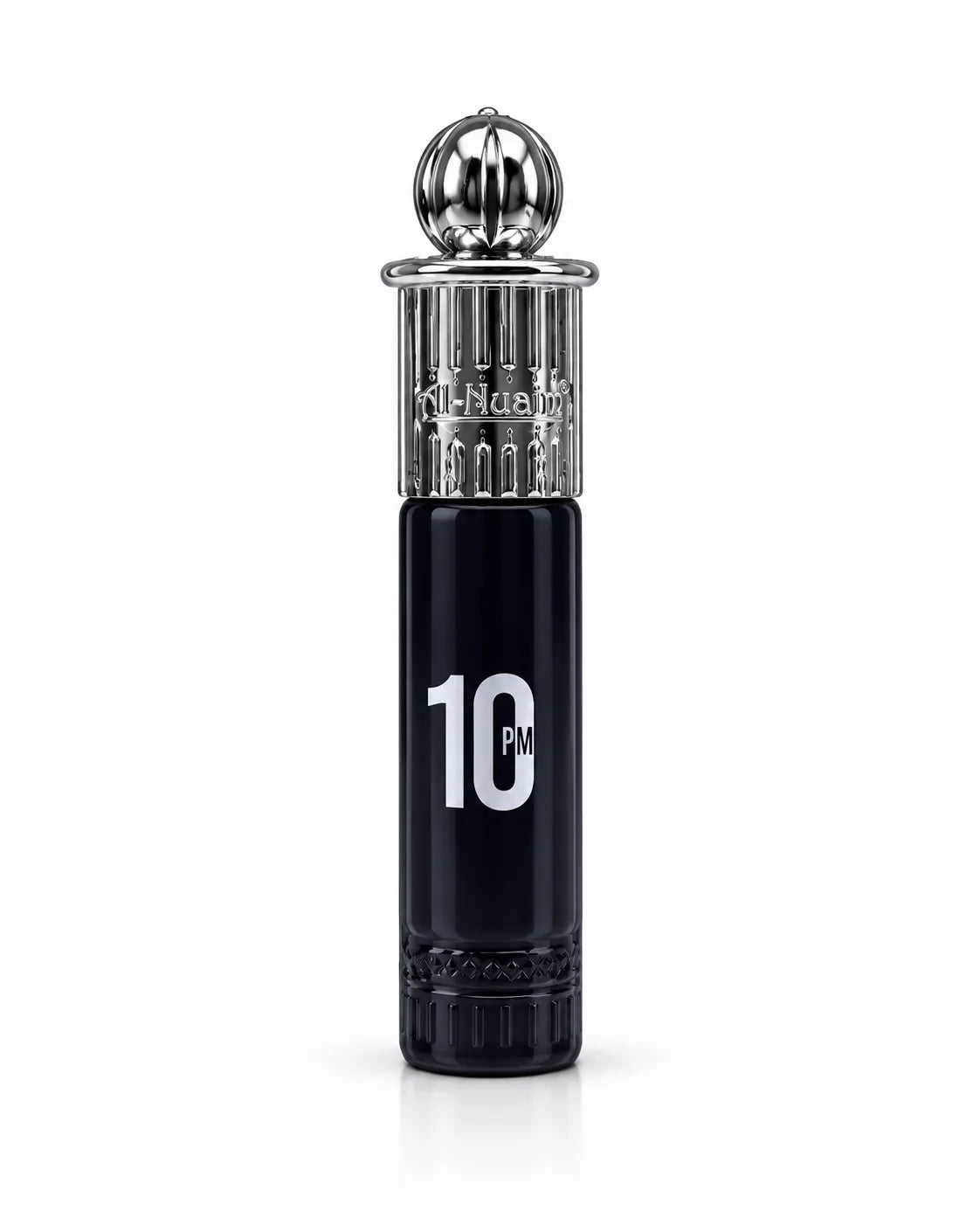 Al-Nuaim 10 PM 6ml roll-on attar in a black bottle with a decorative silver cap on a white background.