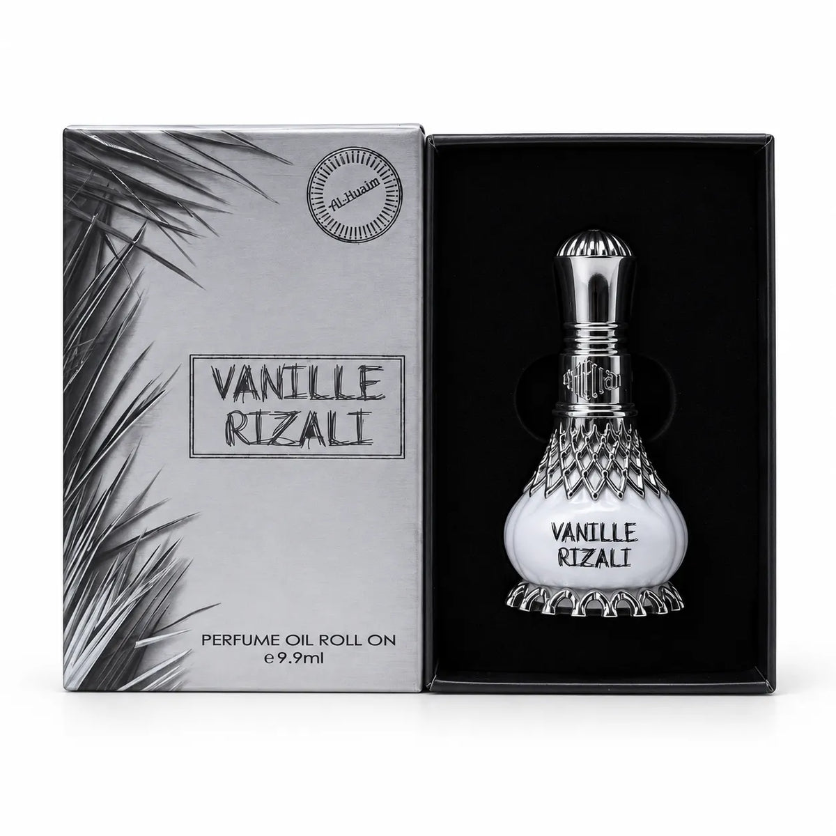 Al-Nuaim Vanille Rizali 9.9ml roll-on perfume oil in a fitted black presentation insert beside its silver-grey box cover.