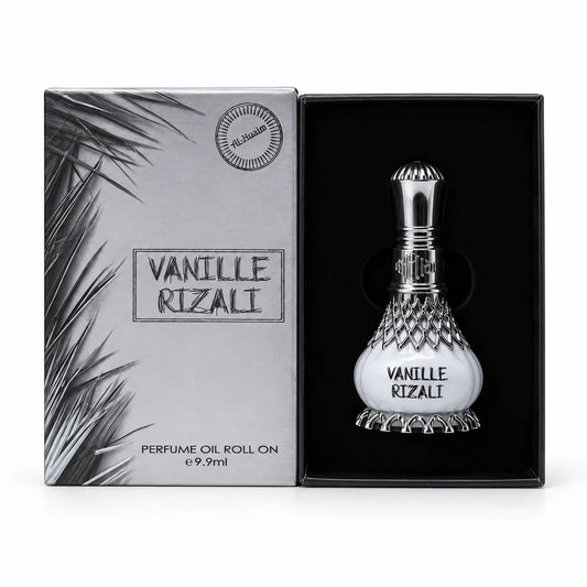 Al-Nuaim Vanille Rizali 9.9ml roll-on perfume oil in a fitted black presentation insert beside its silver-grey box cover.