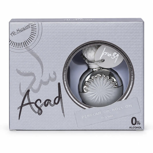 Al-Nuaim Asad 9.9ml roll-on attar in a white and silver bottle beside its matching presentation box.