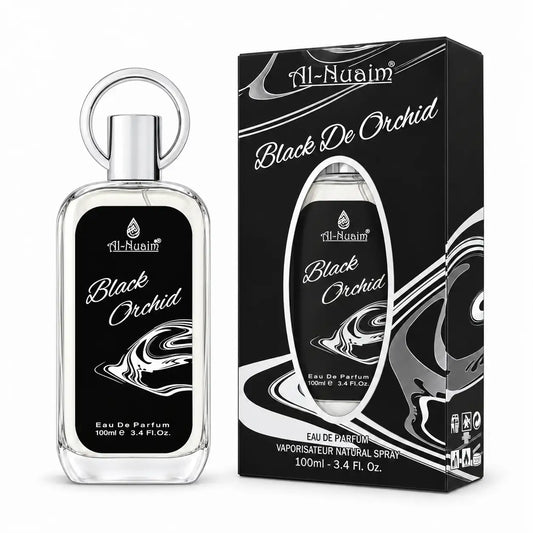 Al-Nuaim Black De Orchid 100ml perfume bottle on white background