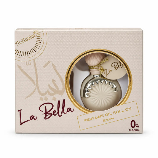 Decorative La Bella perfume oil bottle with a gold cord name tag and matching cream box.