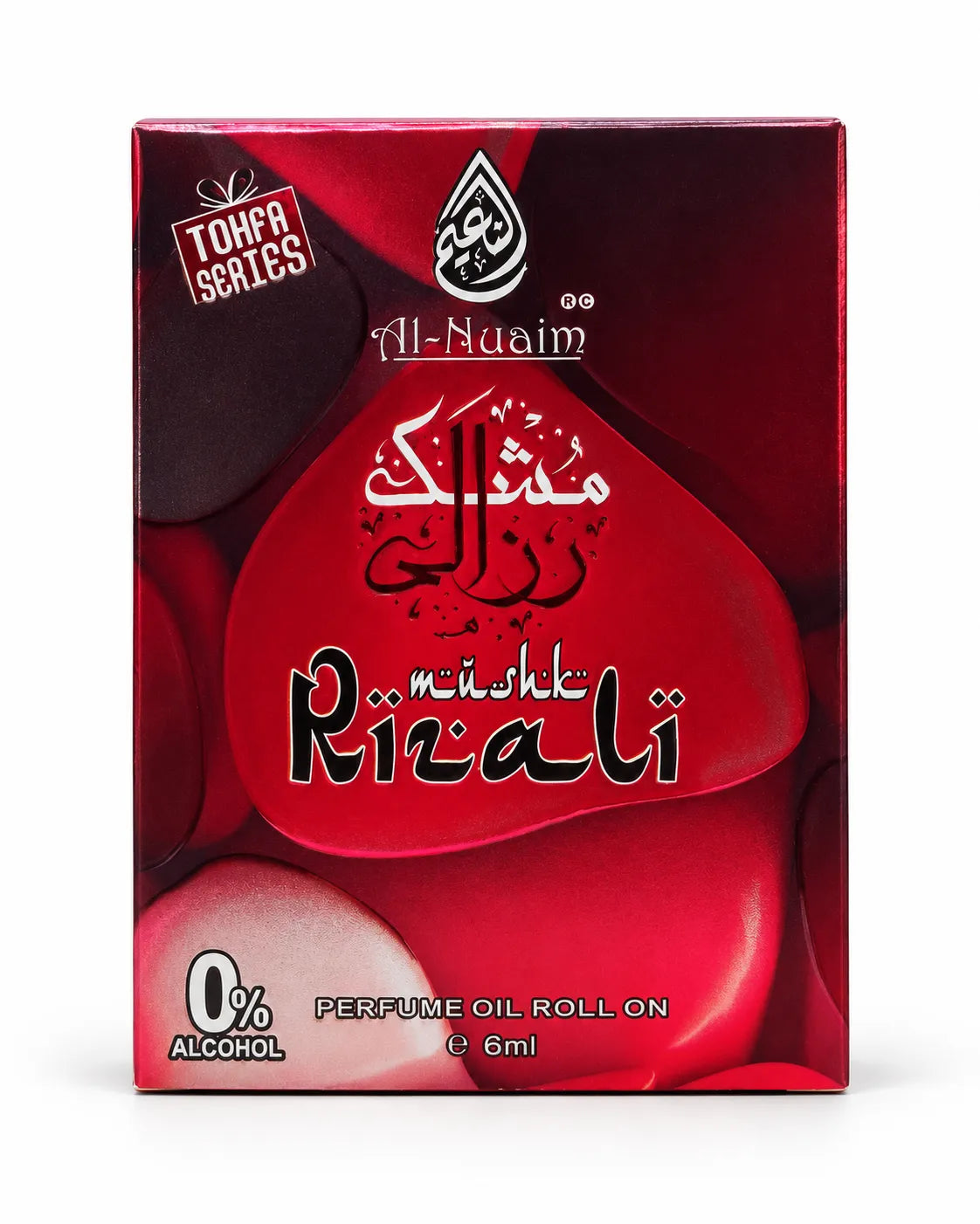 Al-Nuaim Mushk Rizali 6ml alcohol-free perfume oil Tohfa Series retail box in red and maroon.