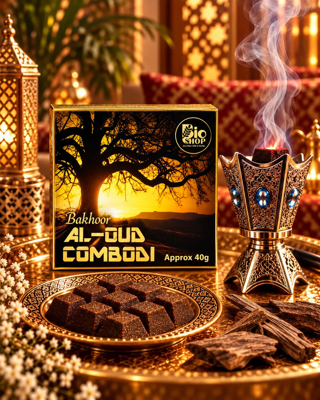 Bio Shop Al-Oud Combodi Bakhoor 40g sunset box with incense blocks
Al Oud Combodi 40g rich woody bakhoor for home fragrance
