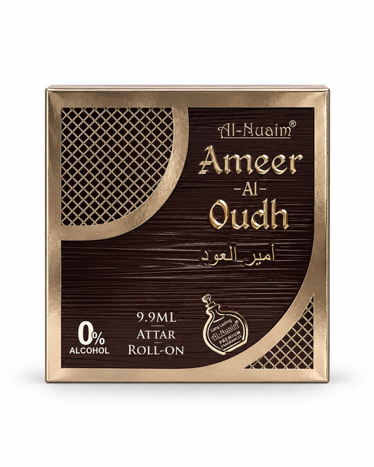 Al-Nuaim Ameer Al Oudh 9.9ml 0% alcohol attar roll-on perfume oil with brown gold box and matching bottle