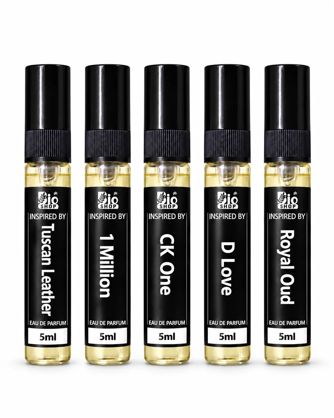Bio Shop Signature Five luxury perfume tester gift set featuring Tuscan Leather, 1 Million, CK One, D Love and Royal Oud inspired fragrances in five 5ml spray bottles.