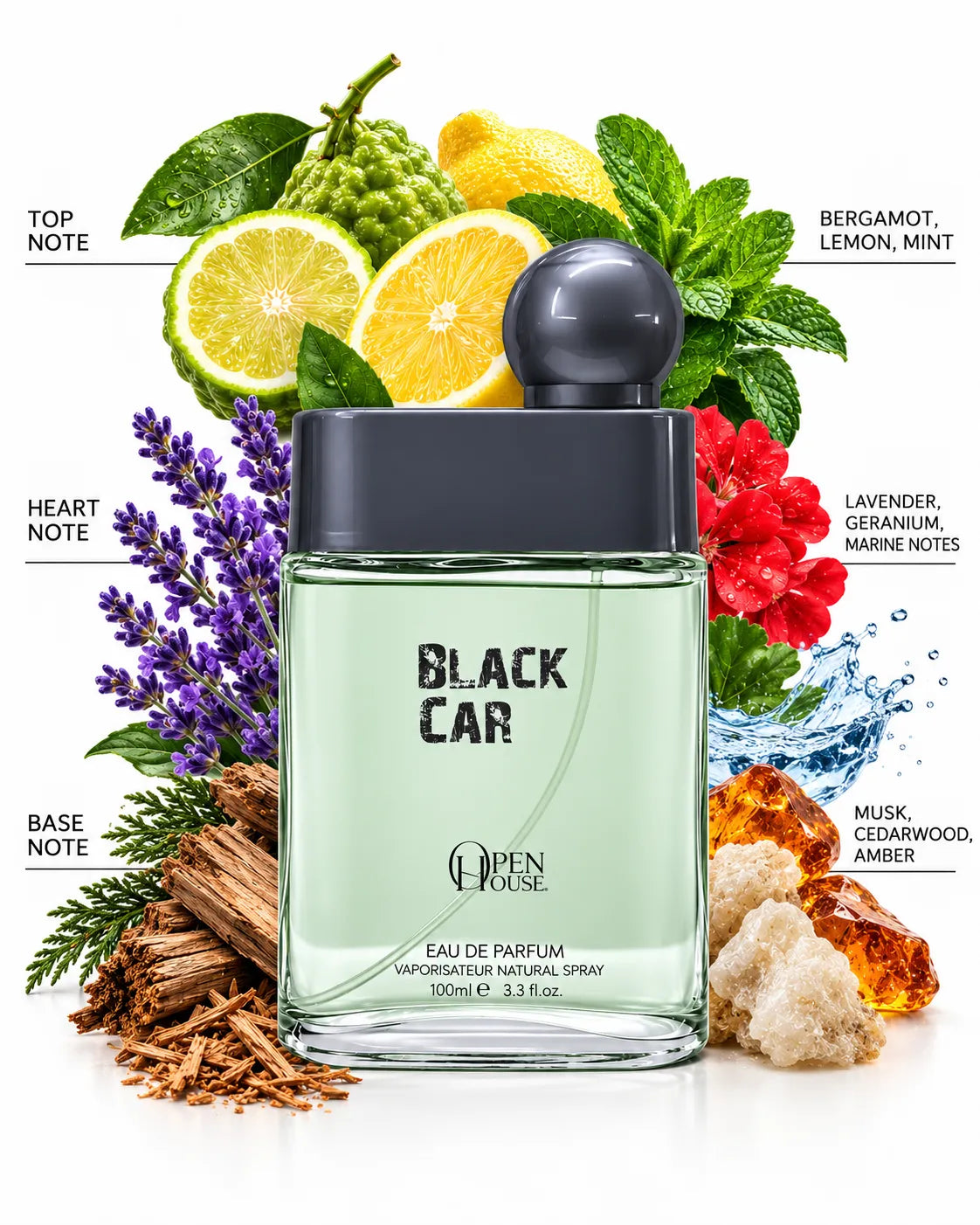 Black Car Open House 100ml pale green Eau de Parfum bottle with grey spherical cap
