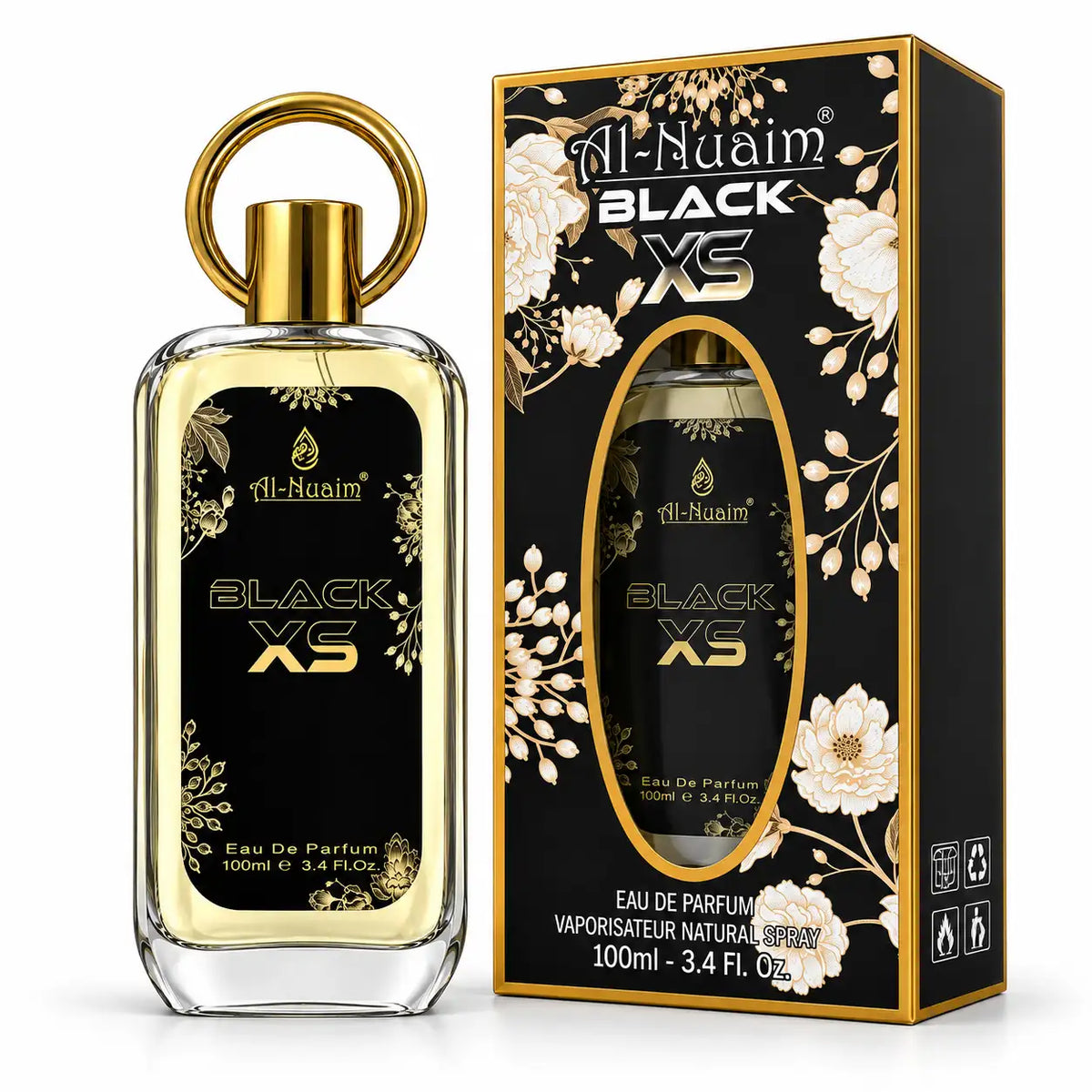 Al-Nuaim Black XS 100ml perfume bottle on white background