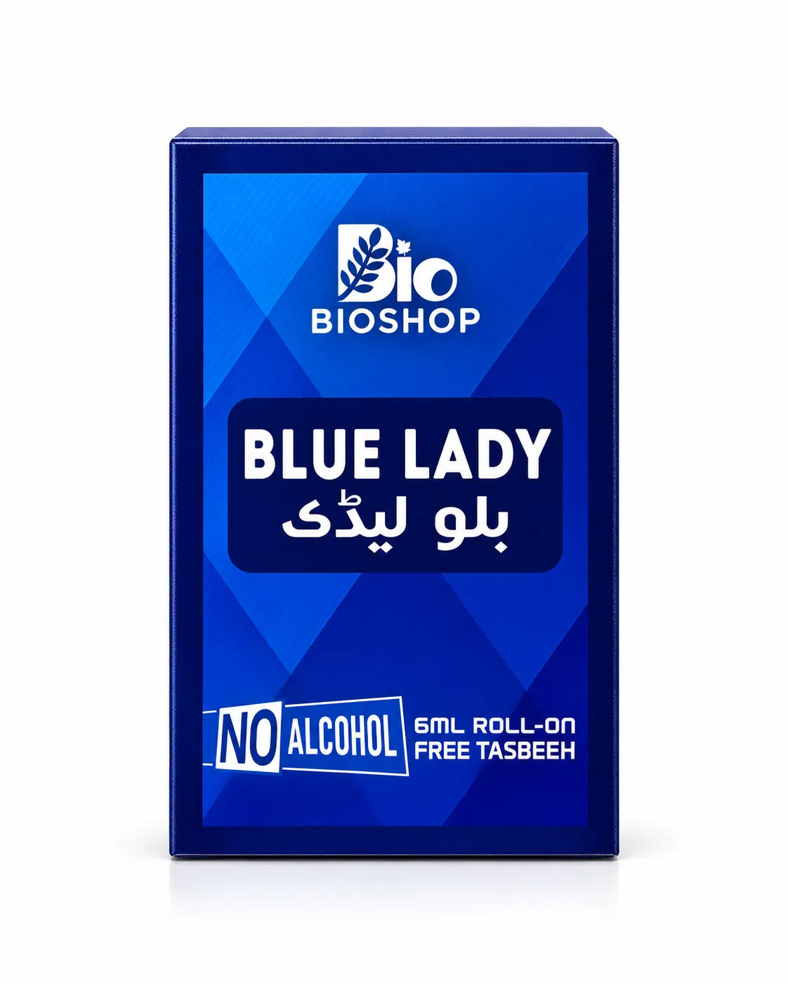 Blue Lady perfume oil gift set with blue geometric packaging, clear 6ml roll-on bottle and prayer beads.