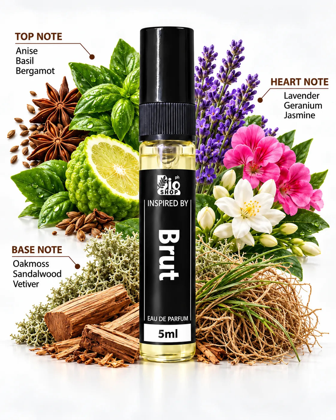 Brut inspired aromatic fougère perfume 5ml with basil lavender geranium and sandalwood fragrance notes