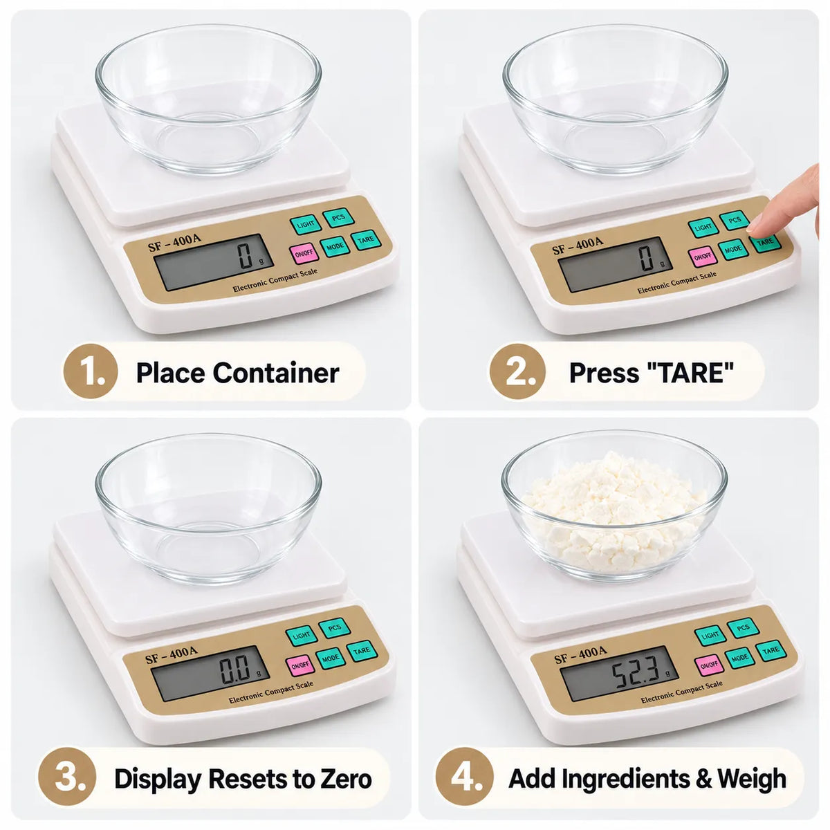 Digital weighing scale 10kg measuring white cosmetic raw materials in a glass bowl for DIY skincare, soap and beauty product formulation.