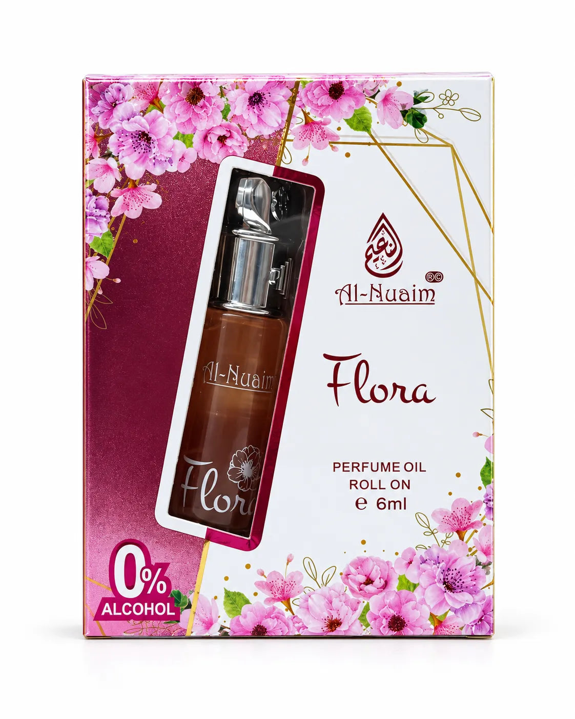 Flora 6ml alcohol-free attar box featuring pink blossoms, white background, and gold decorative lines.