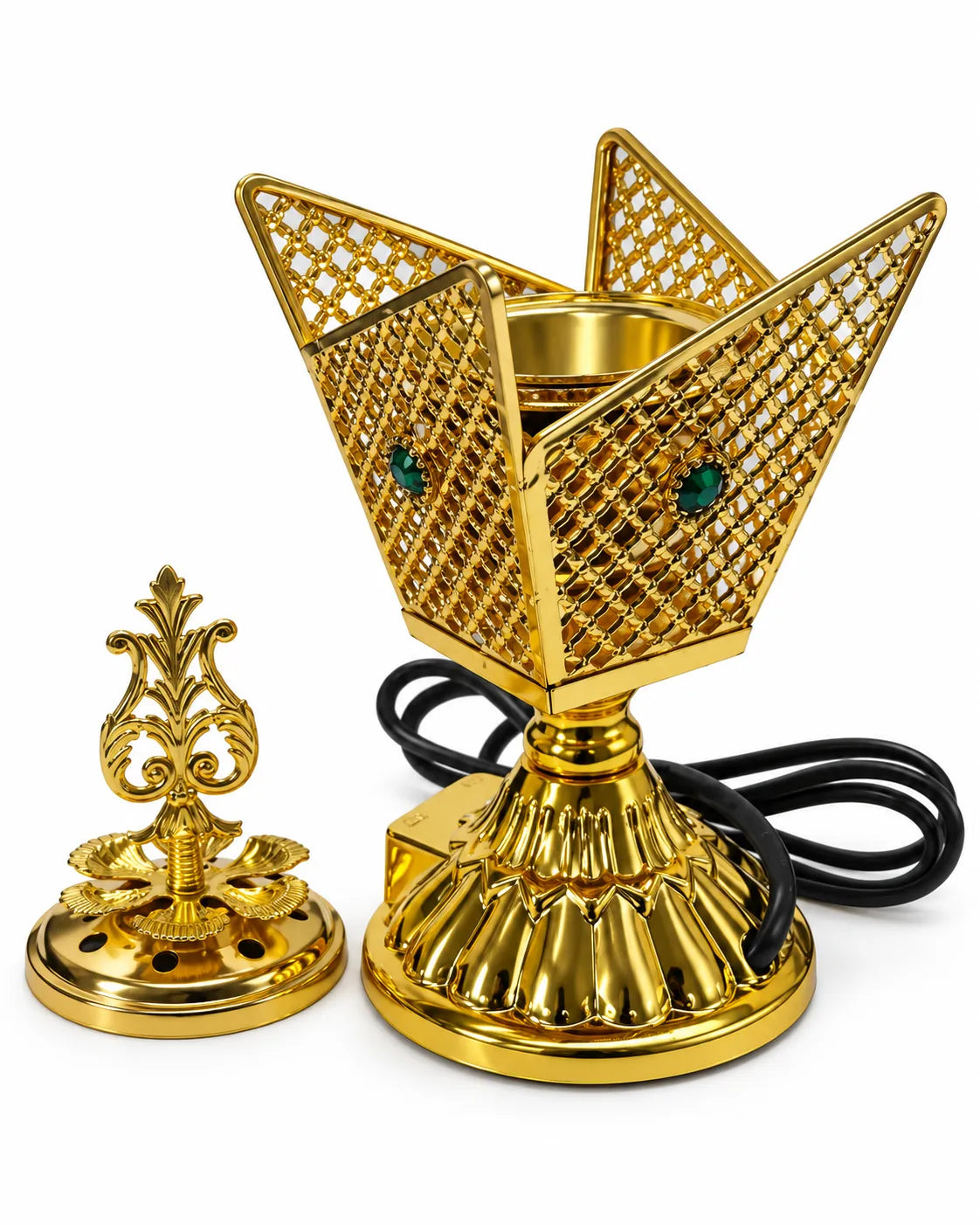 Gold-tone electric bakhoor burner with green decorative accents, a tall ornamental lid, lattice panels and a circular pedestal base.