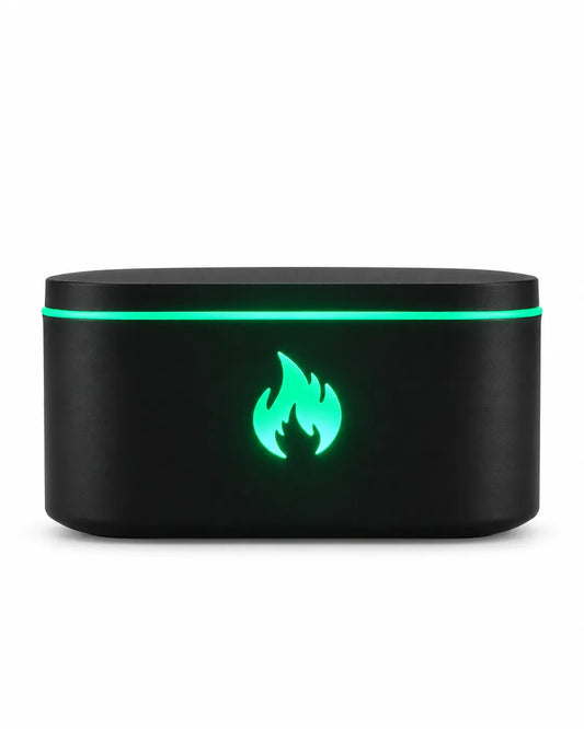 Black Flame Effect Aroma Diffuser with colorful LED lighting and decorative mist.