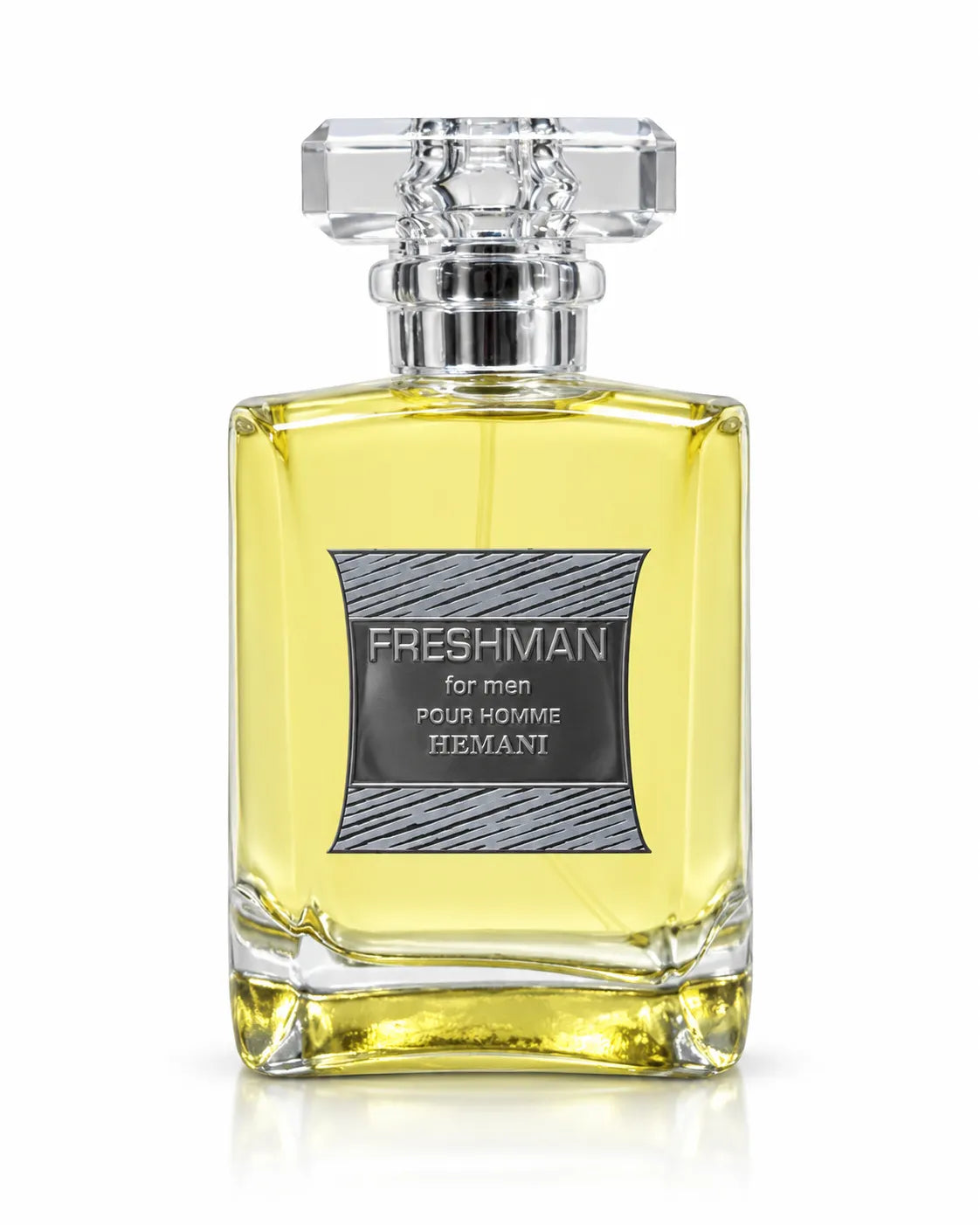 Hemani Freshman Pour Homme perfume with golden liquid and clear cap