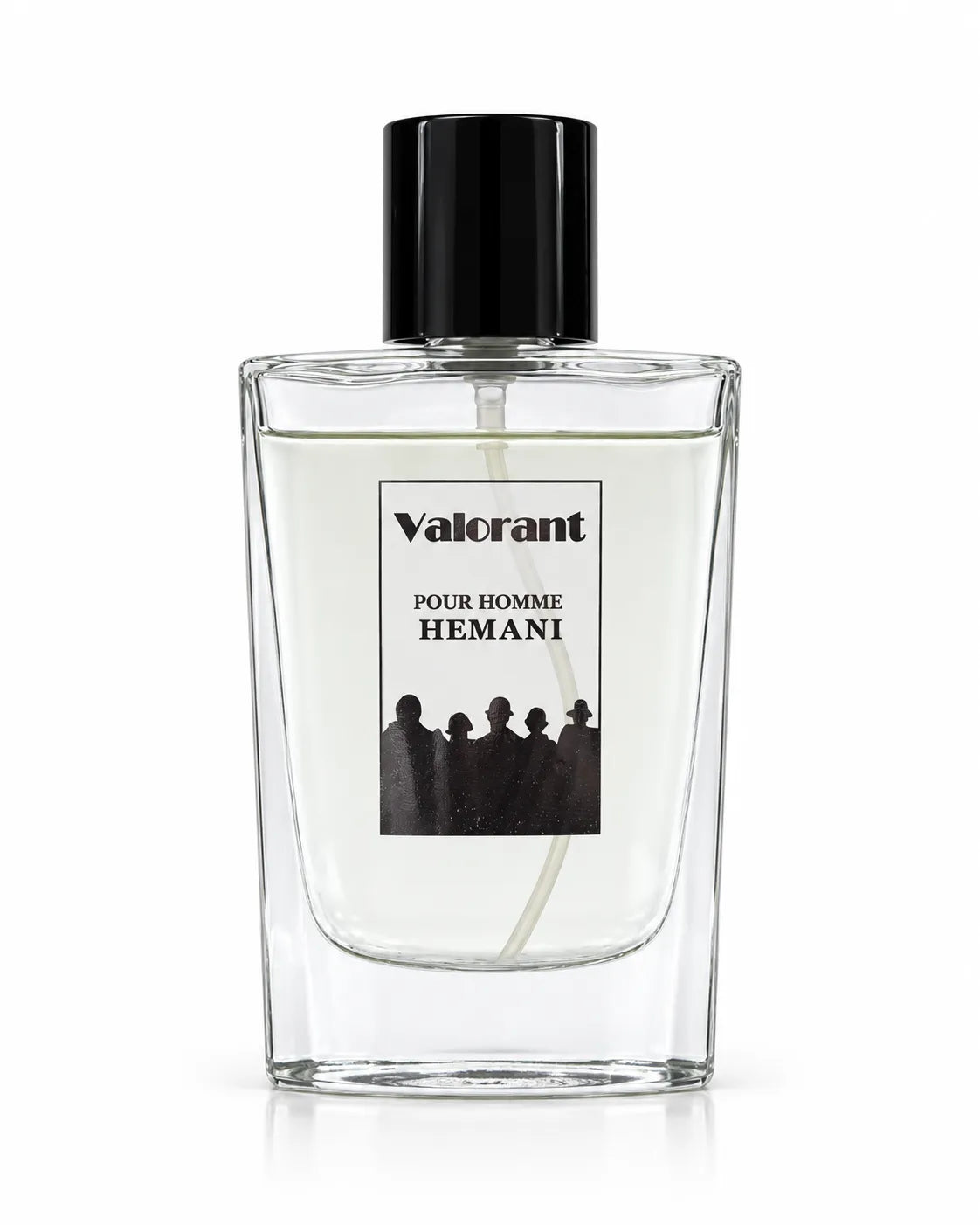 Hemani Valorant Pour Homme clear perfume bottle with black cap