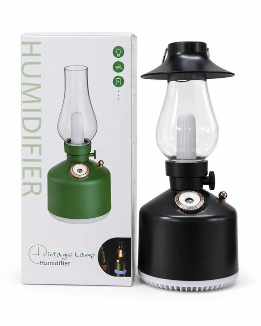 LA-0621 vintage lamp humidifier packaging showing 280ml capacity, 1200mAh battery, brightness range and component diagram.