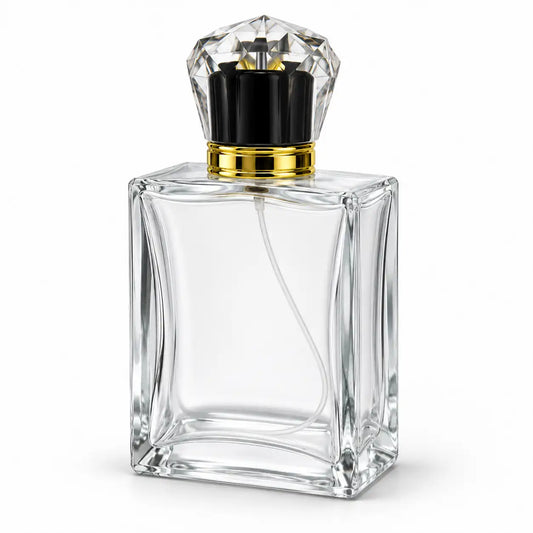 100ml clear glass crimping perfume bottle with golden Crown Crystal Cap and gold spray pump