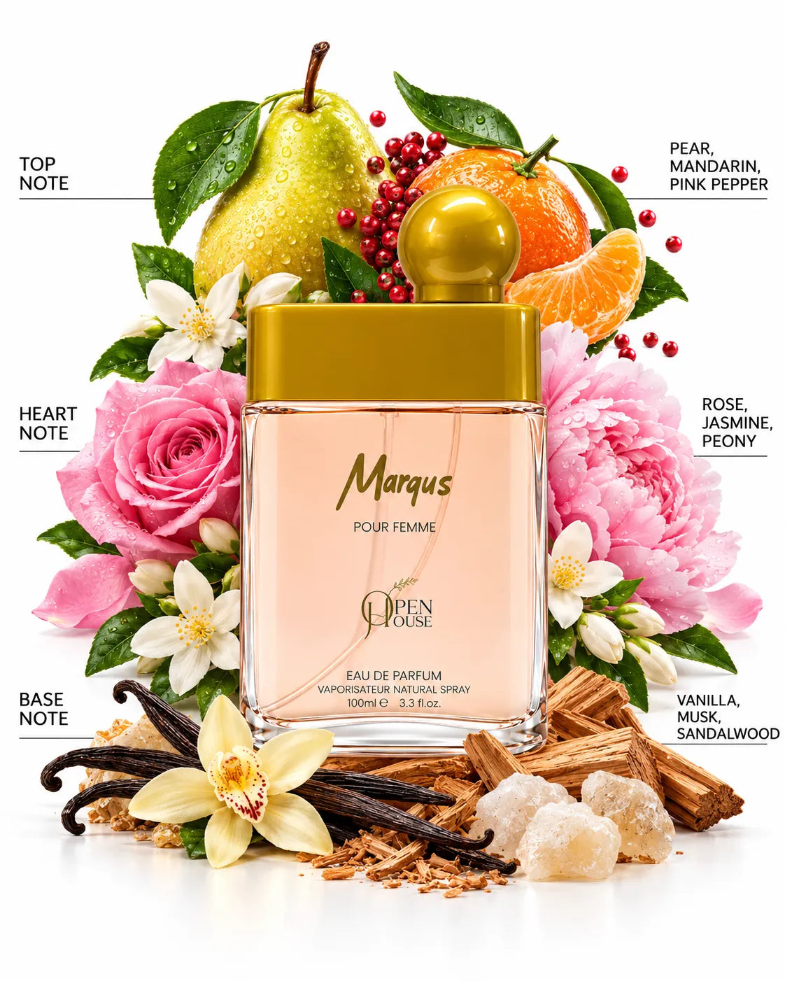 Marqus Pour Femme 100ml peach-pink Eau de Parfum bottle with golden cap