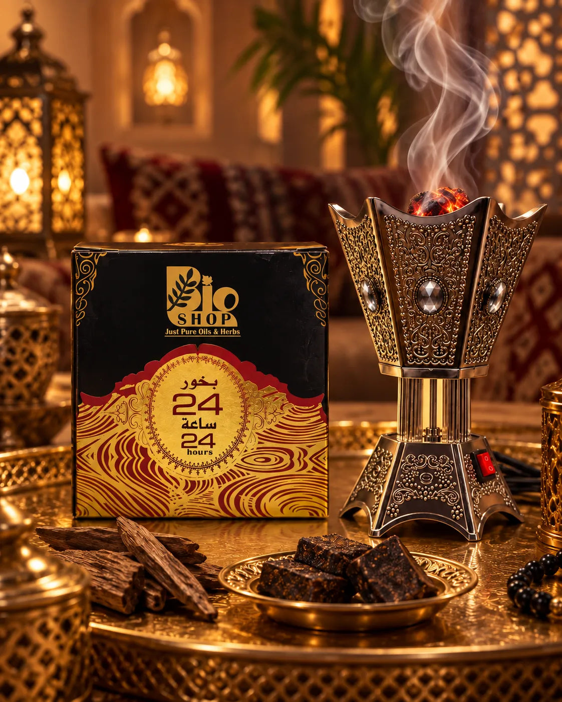 Black red and gold Bakhoor Oud 24 Hours box on white background
