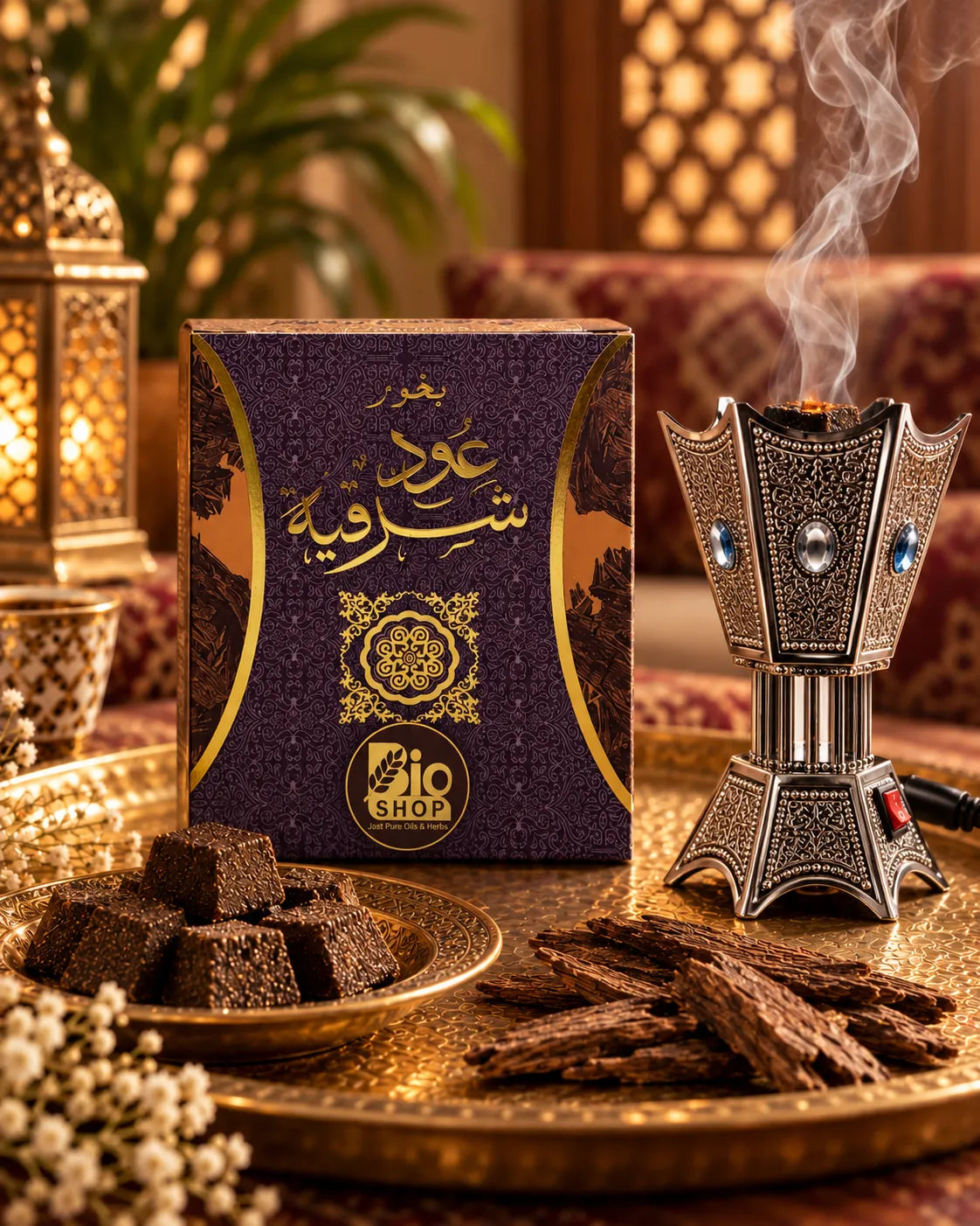 Oud Sharqia purple and gold bakhoor box on white background