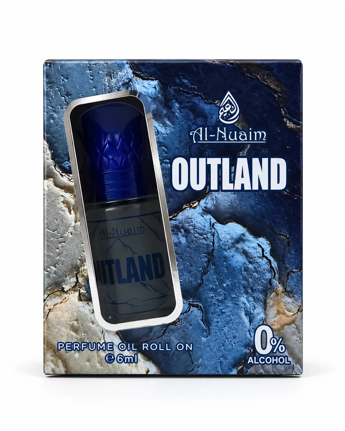 Outland 6ml attar bottle with royal blue decorative cap beside matching Al-Nuaim box on white background.