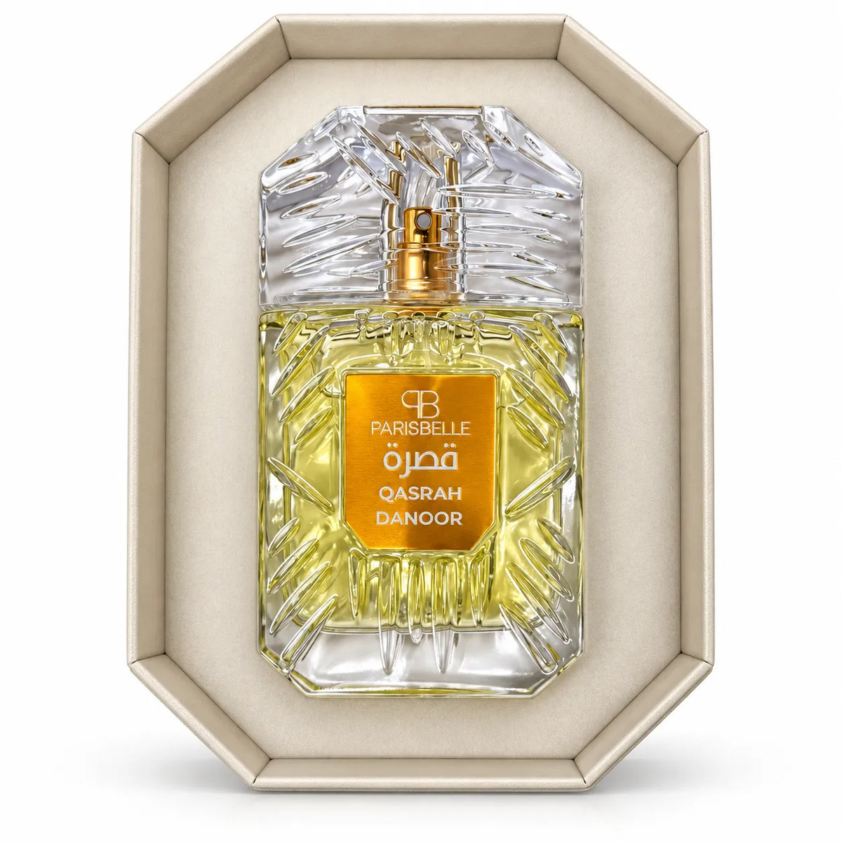 ParisBelle Qasrah Danoor perfume with gold spray atomizer