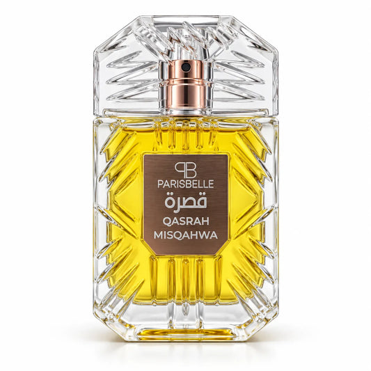 Parisbelle Qasrah Misqahwa Extrait de Parfum 100ml in a textured bronze-taupe window presentation box