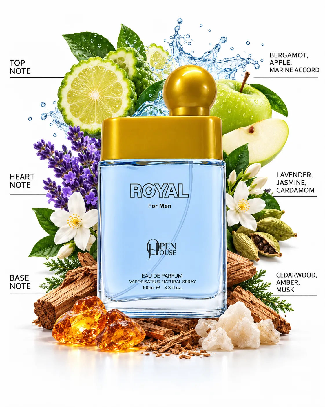 Royal For Men 100ml perfume with blue presentation box and gold cap available at Bio Shop Pakistan
