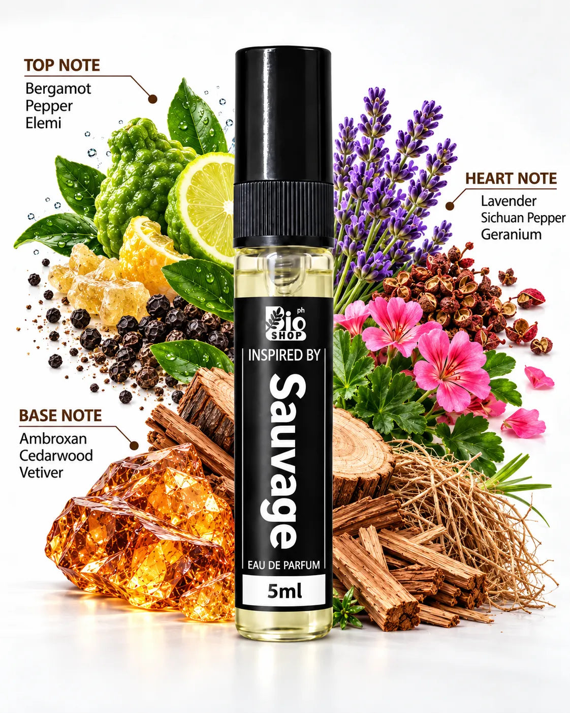 Bio Shop Sauvage inspired perfume spray 5ml for men with black cap on white background