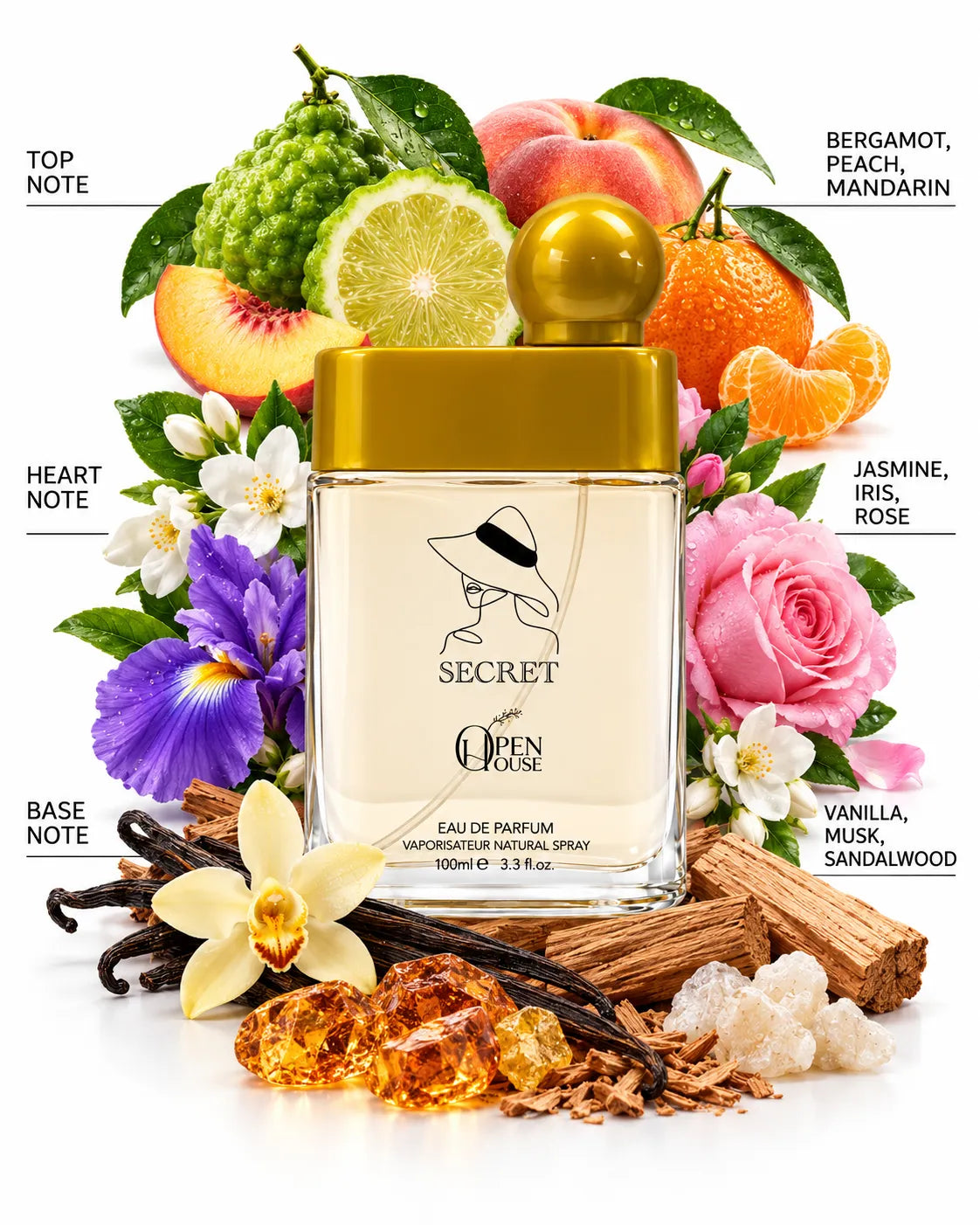 Secret 100ml Open House perfume with cream gift box and elegant feminine artwork