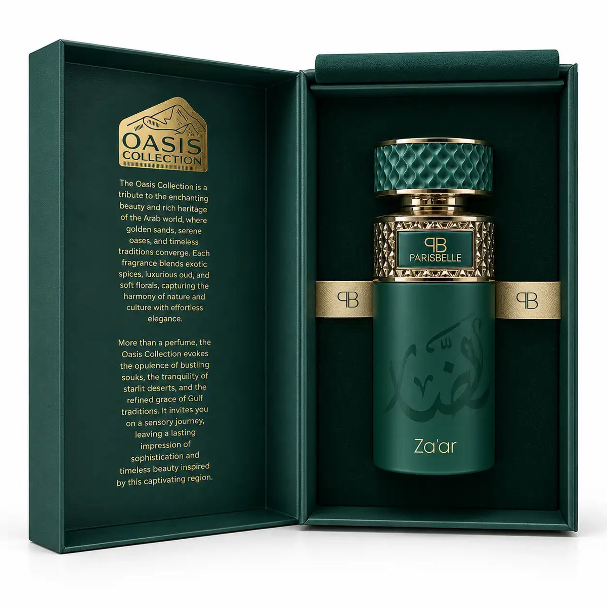 Premium Parisbelle Za’ar Extrait de Parfum bottle with luxury green box