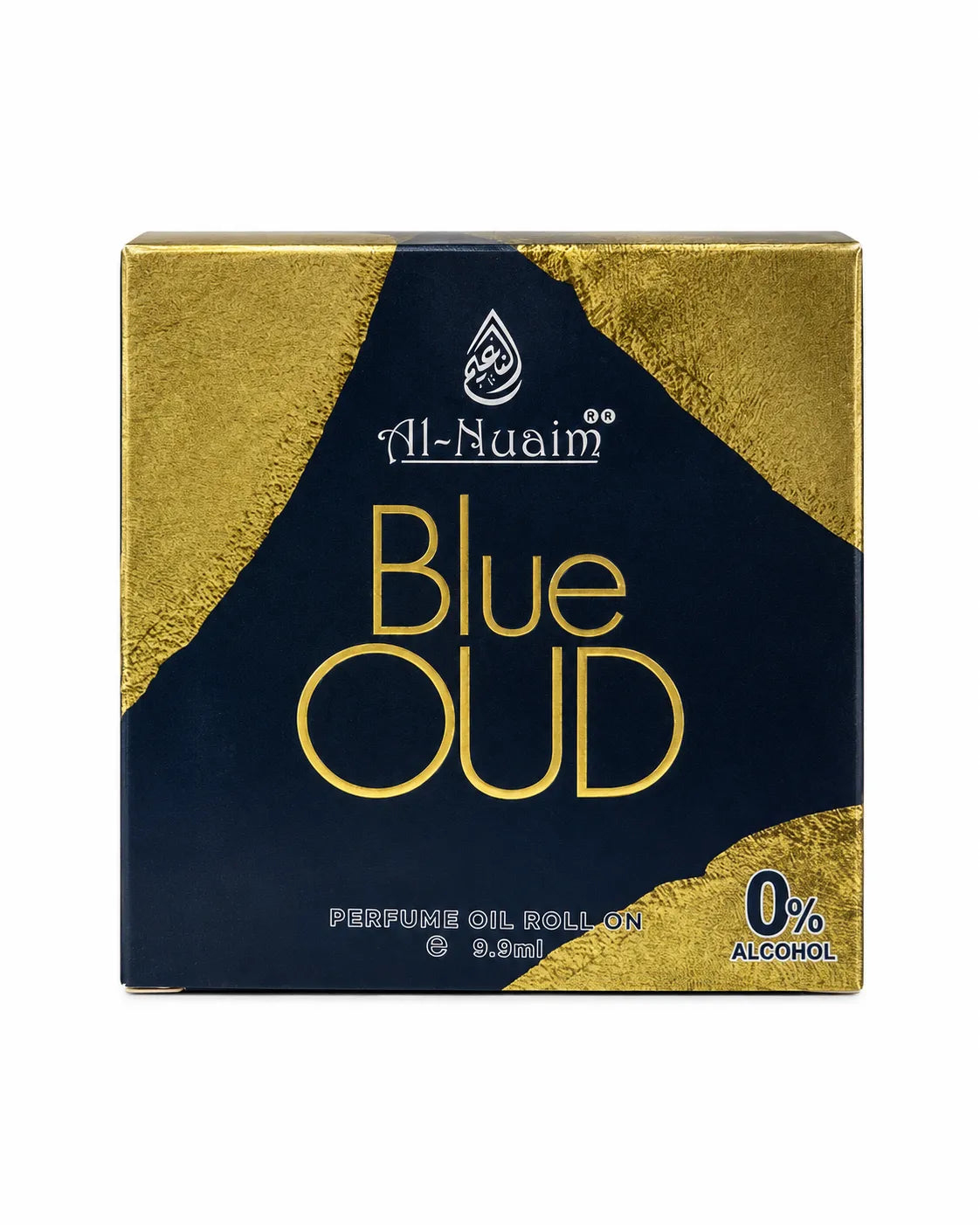 Al-Nuaim Blue Oud 9.9ml perfume oil box in navy blue and gold, displaying roll-on and 0% alcohol labelling.