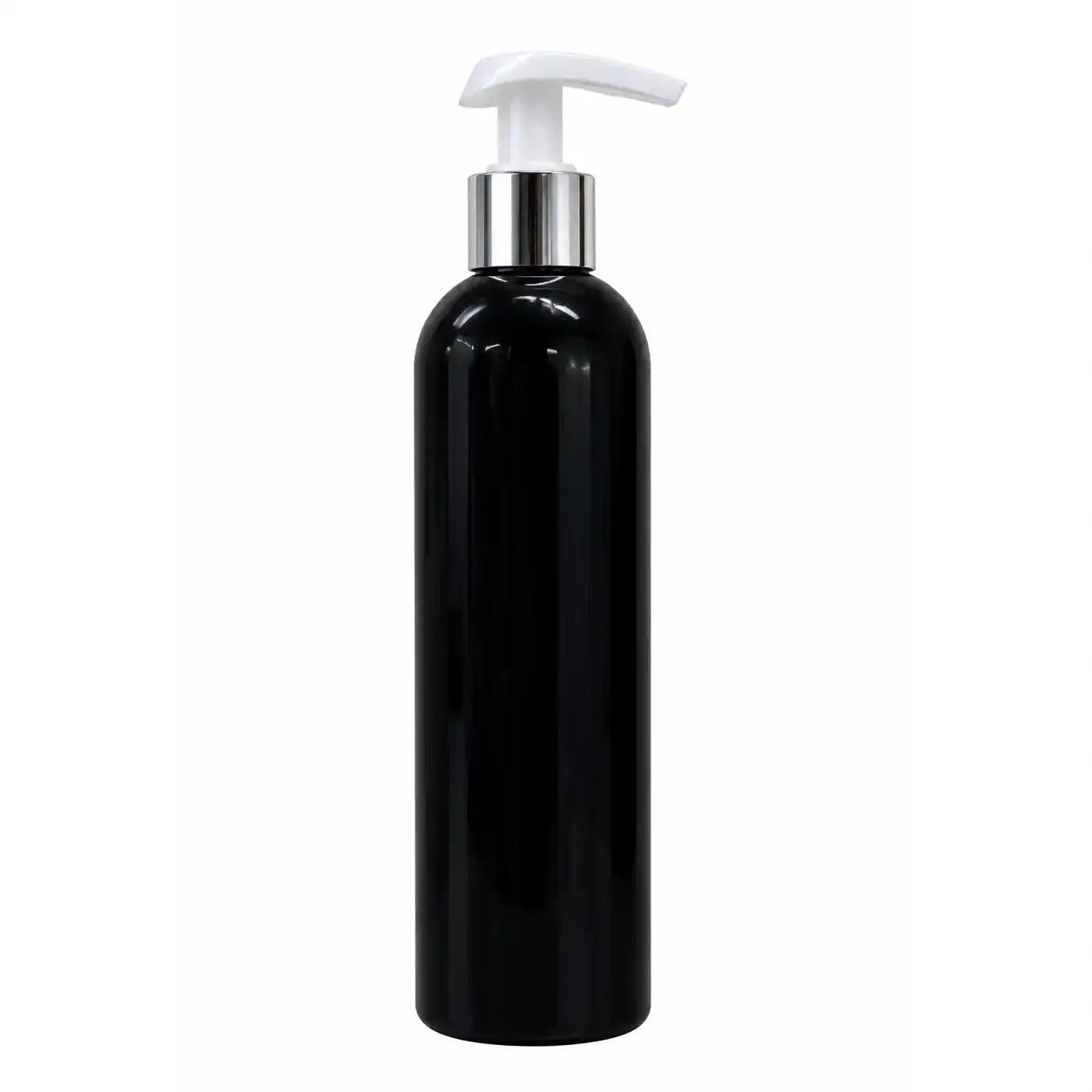 250ml black pump bottle with silver collar and white dispenser