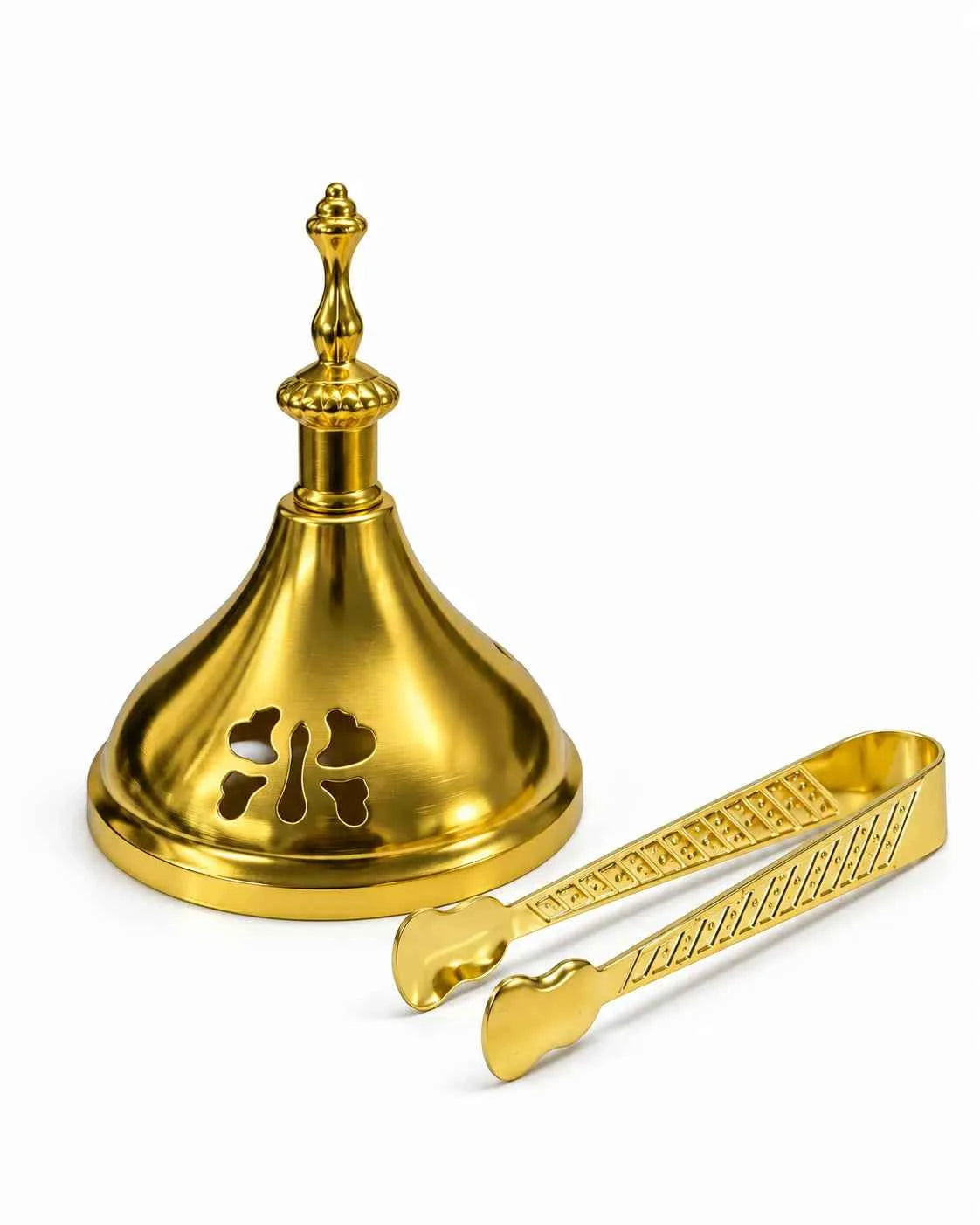 Golden Electric Bakhoor Burner with Blue Decorative Stones, Lid & Tongs