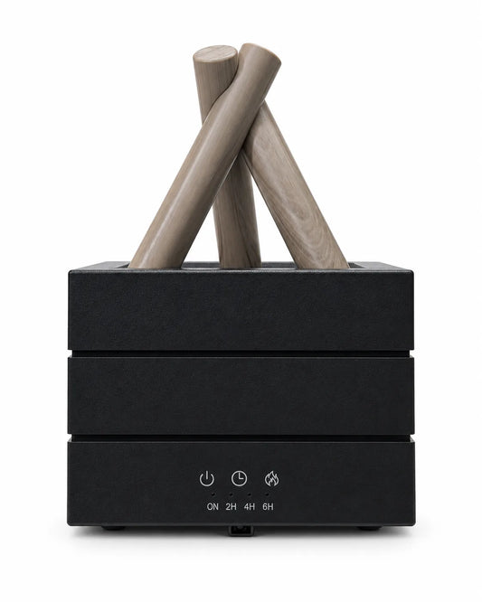 280ml campfire aroma diffuser with orange lighting illuminating the decorative wood-look logs above a black base.