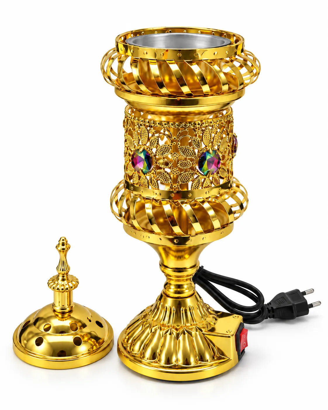 Gold-tone electric bakhoor burner with a silver-tone inner cup, floral body, multicolour accents and matching lid displayed beside it.