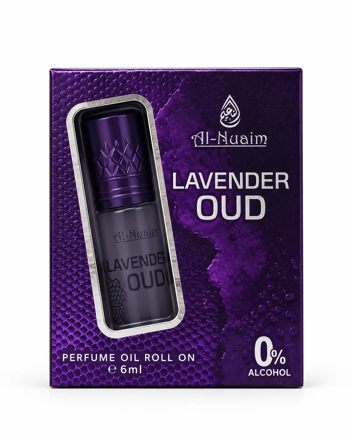 Lavender Oud 6ml alcohol-free attar retail packaging with dark purple textured design on white background.