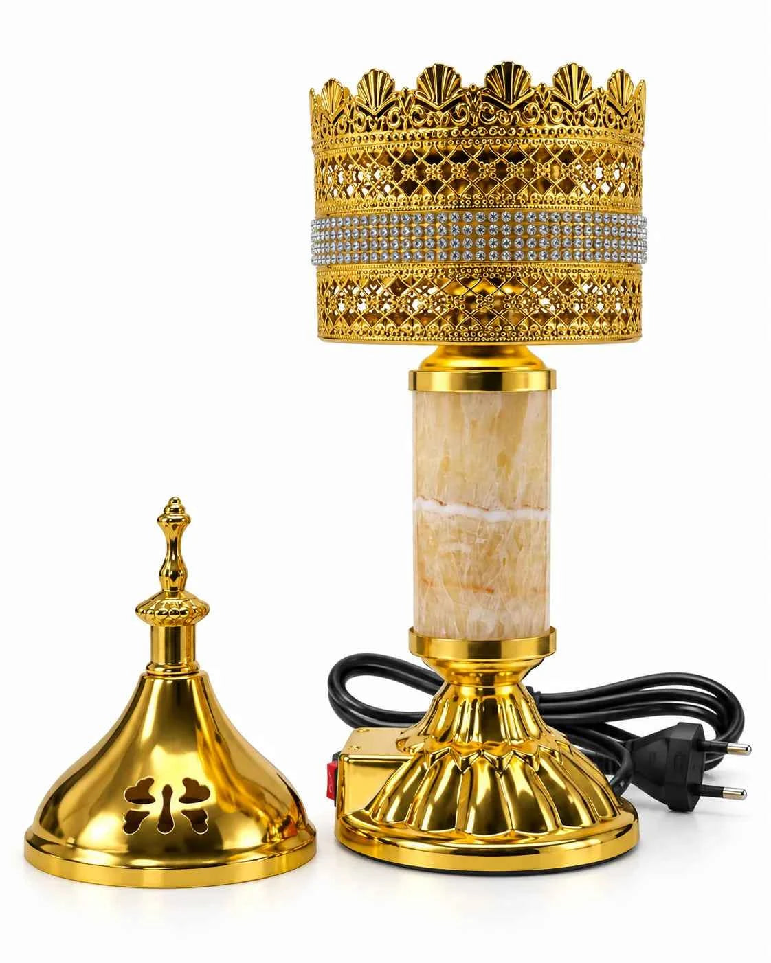 Luxury Golden Electric Bakhoor Burner with Marble-Style Column & Decorative Lid