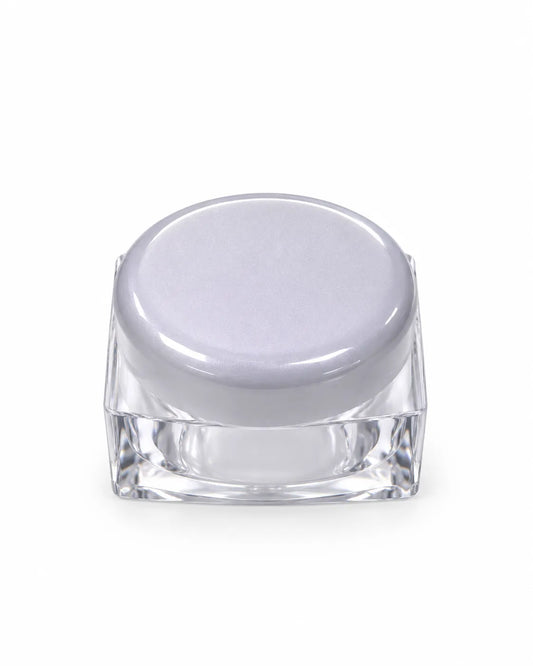 Hand holding an open empty 10gm clear square cosmetic jar showing its round threaded opening