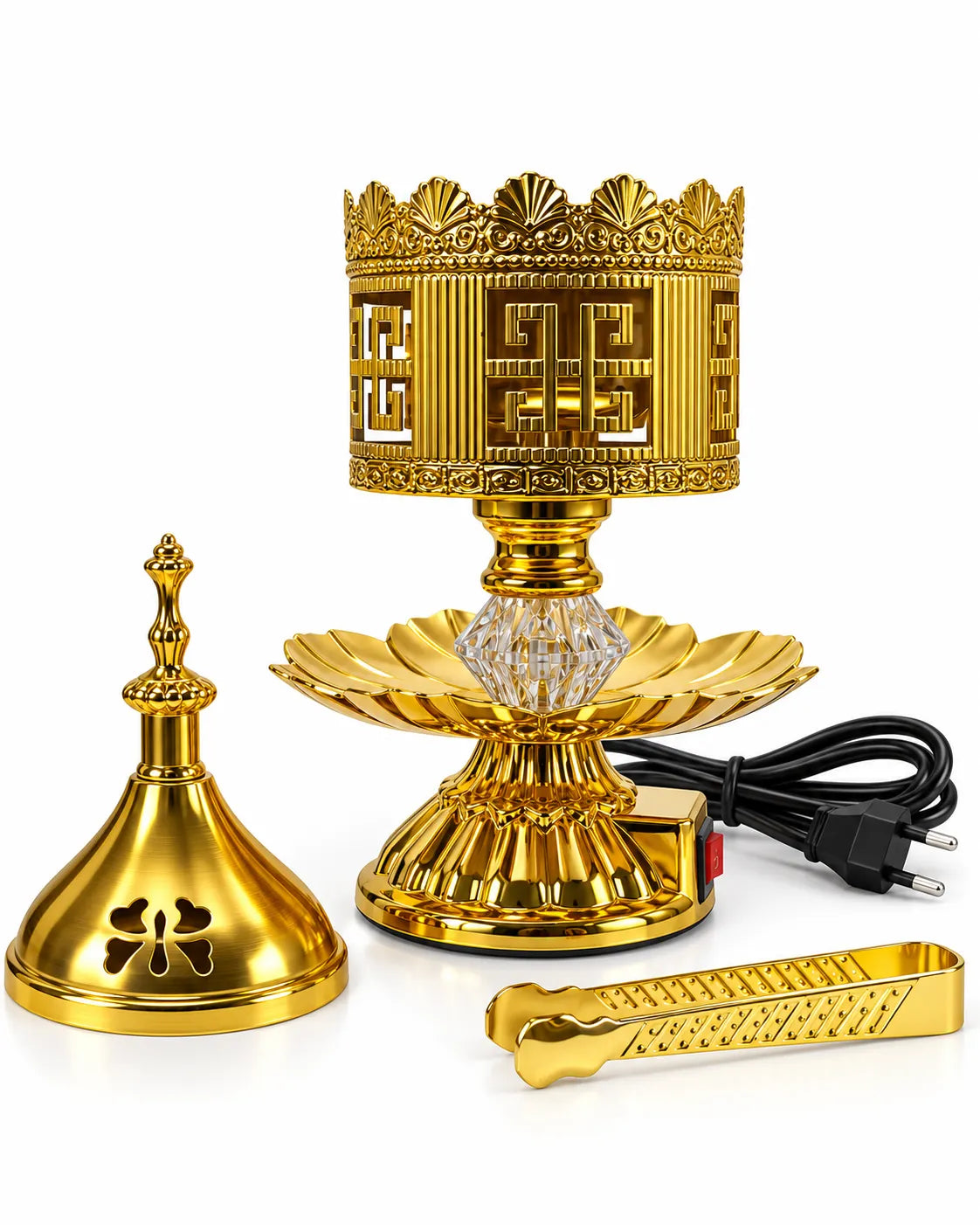 Golden electric incense burner with removable lid and organized power cable on white background