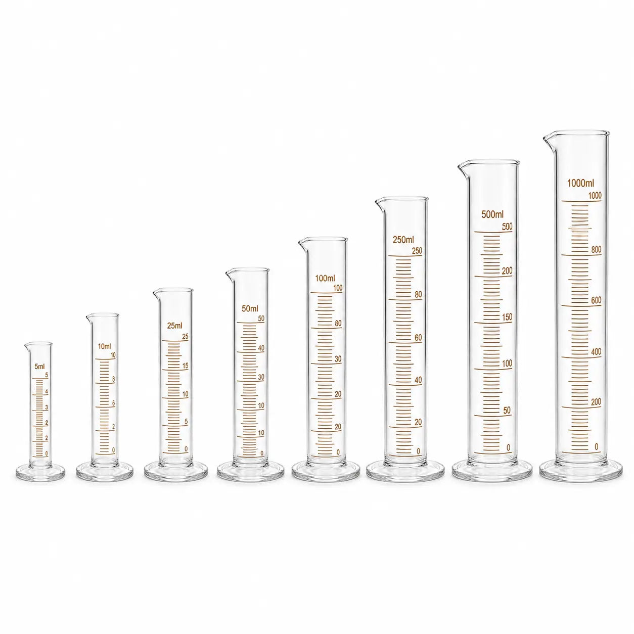 Set of 8 glass measuring cylinders from 5ml to 1000ml for perfume making, essential oils and cosmetic formulation