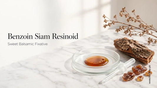 Benzoin Siam Resinoid amber resin tears in clear glass vial with dropper on warm parchment, fragrance-grade natural fixative