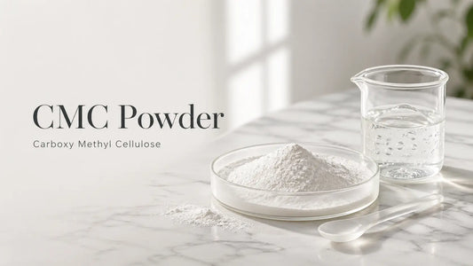 Cosmetic-grade CMC Powder (Carboxy Methyl Cellulose) in glass petri dish with clear gel — Bio Shop™ Pakistan.