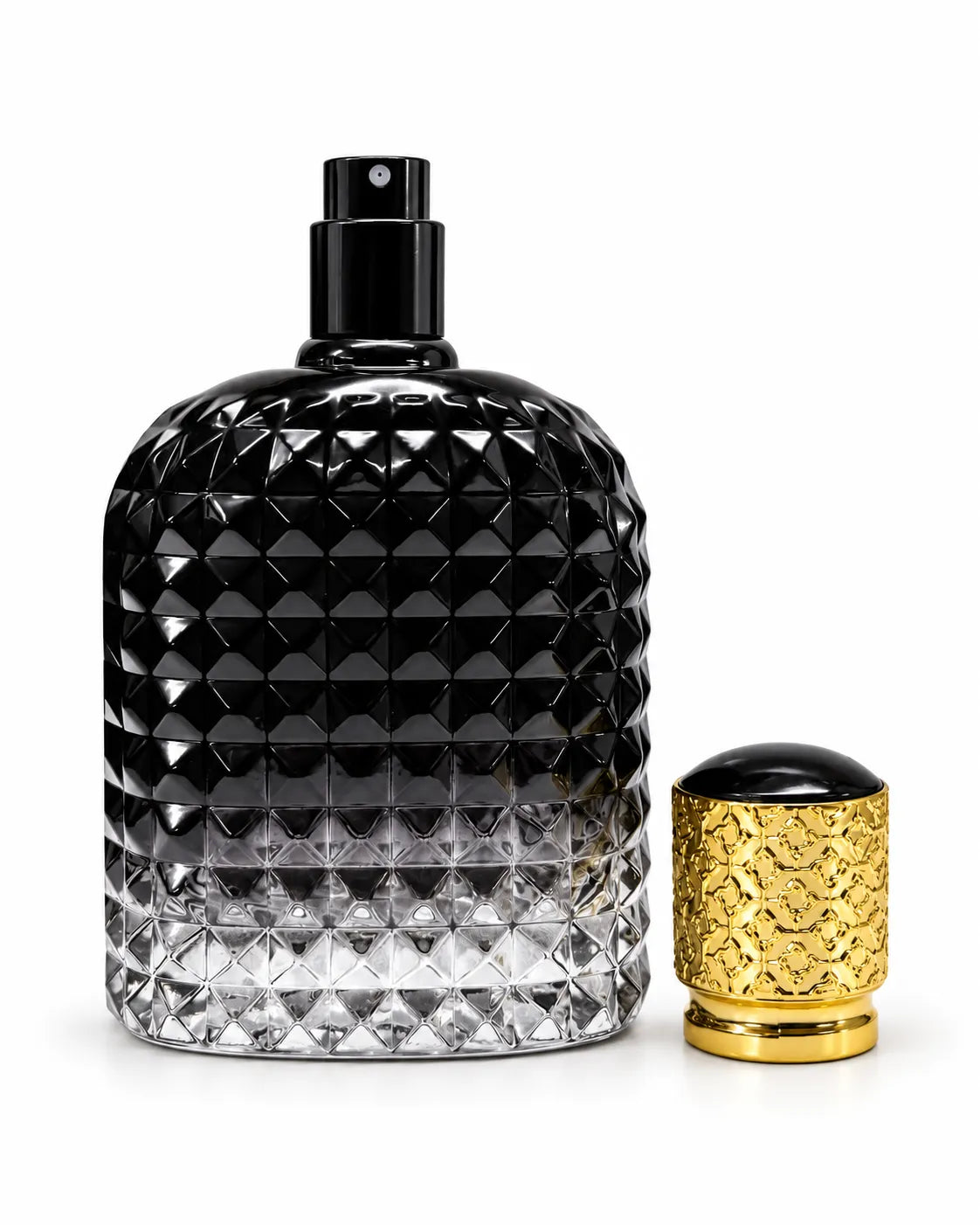 Luxury 100ml empty perfume bottle featuring geometric diamond patterned glass, clear base, smooth black front panel and decorative gold cap for perfume making.