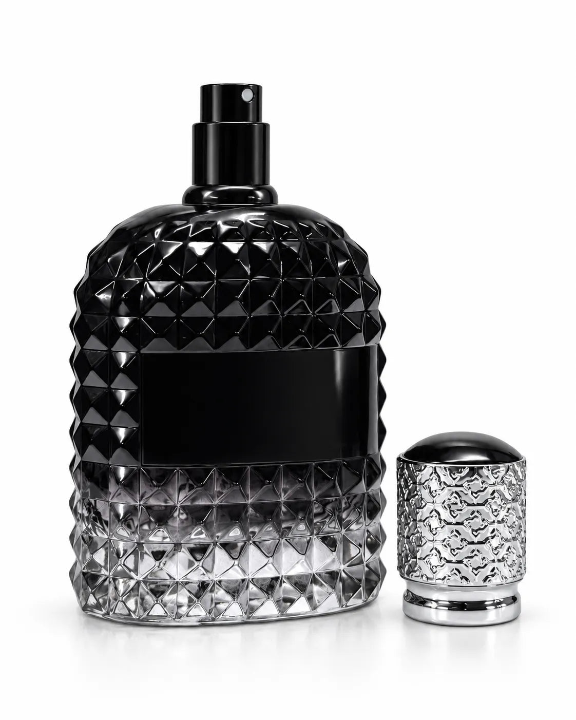 100ml premium diamond cut glass perfume bottle with black gradient finish, engraved golden cap and luxury fragrance packaging design at Bio Shop Pakistan.