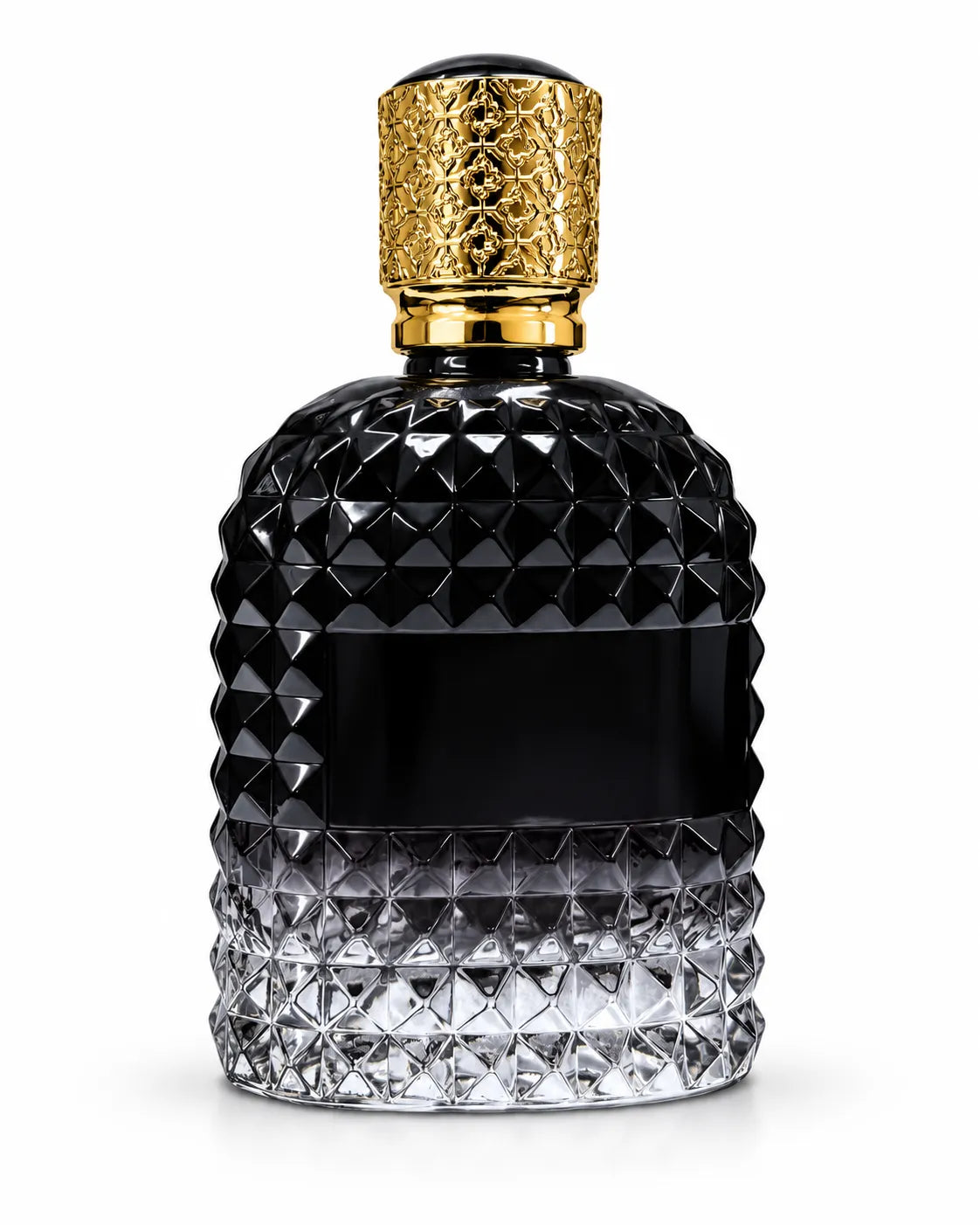 100ml premium diamond cut glass perfume bottle with black gradient finish, engraved golden cap and luxury fragrance packaging design at Bio Shop Pakistan.